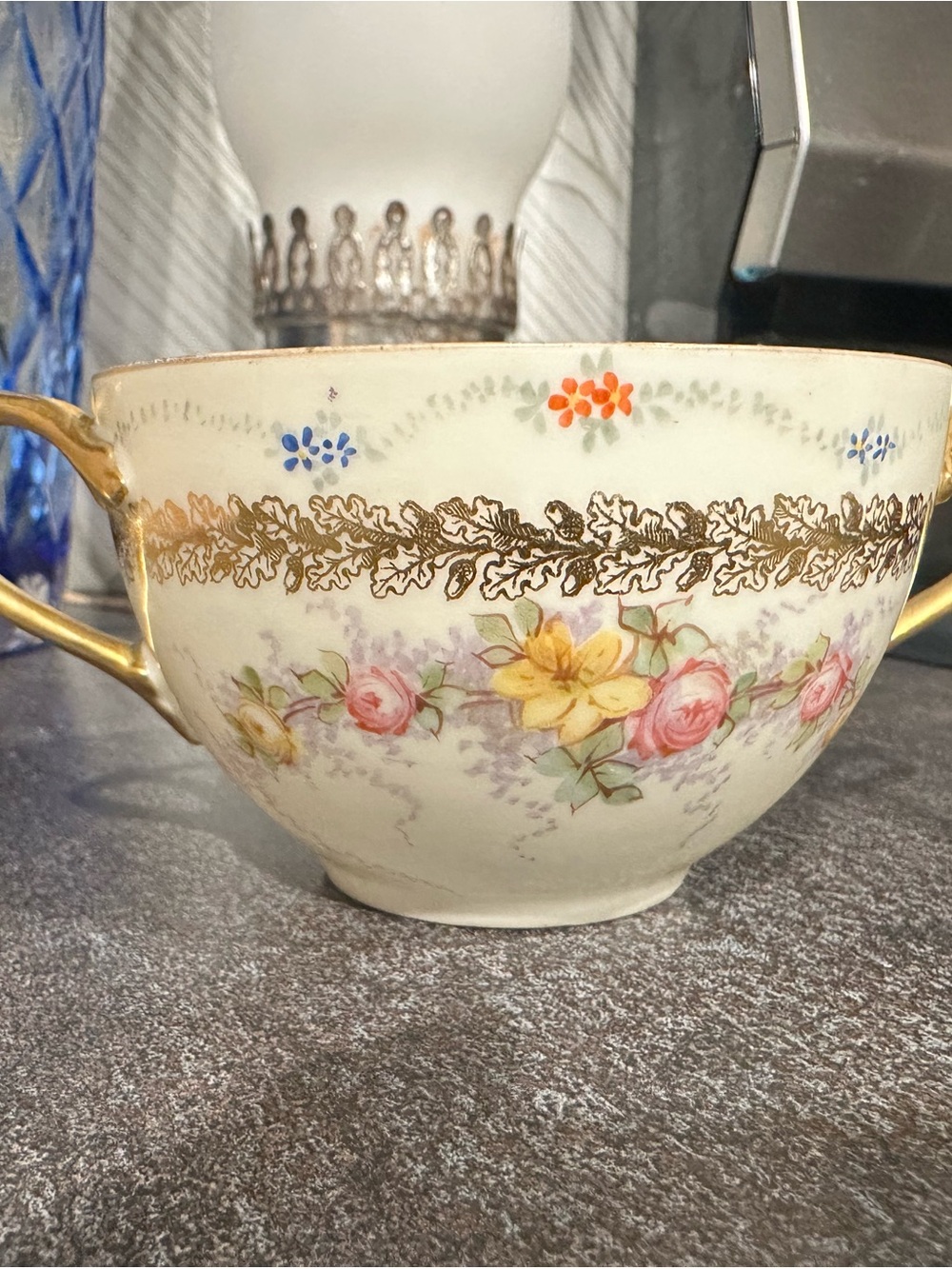 Vintage Floral Porcelain Double-Handled Teacup in Cream and Gold